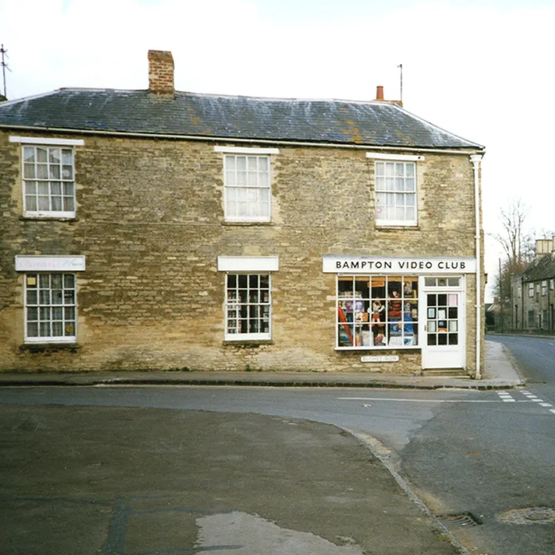 Retro colour film photograph of Bampton Video Club store front.